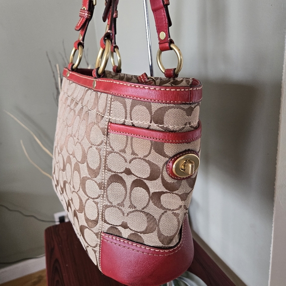 Coach Maroon Leather trim Monogram Shoulder Tote Bag - Picture 2 of 15